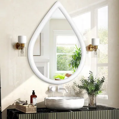 Image de Miroir mural, forme goutte, cadre en bois blanc, 65 x 45 cm