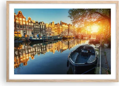 Produktbild von Gerahmtes Poster - Rahmen in heller Eiche - Kanal Boot Amsterdam Wasser - 70x50 cm - Wand Bild - Wanddeko - Wandbilder - Wandposter - Bilderrahmen - Bilder - Kunstdruck - Wandbild - P2NAA70x50-2857