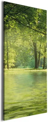 Produktbild von Wallario Premium Leinwandbild Idyllischer See im Wald bei Sonnenschein in Größe 80 x 200 cm