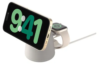 A wireless charger for a smartphone and smartwatch.