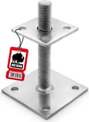 A metal adjustable post support with a red tag attached.