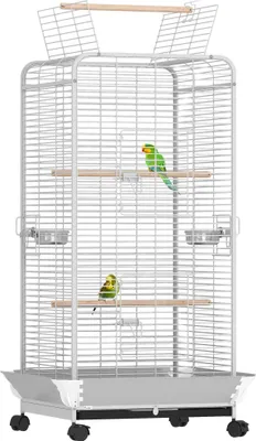 Image de Cage pour perroquets - Cage pour oiseaux - Avec roulettes - Acier - Perchoirs & Mangeoires - Bac à fientes extractible - 79×73×146 cm - Pour perruches nymphes & perruches ondulées - Gris clair