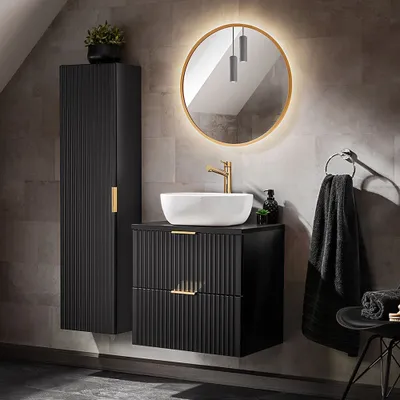 Produktbild von Badezimmer Möbel Set, 60cm Waschtisch mit Keramik Aufsatzbecken, matt schwarz mit gerillter Front, ADELAIDE-56-BLACK, B/H/T ca. 110/200/46,5 cm