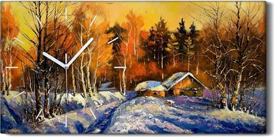 Produktbild von Dekor Leinwand Uhr Wandbilder Geräuschlos 60x30 Landschaft Abend im Winter dorf - weiße Hände
