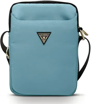 A light blue crossbody bag with a black trim and strap, featuring a triangular Guess logo on the front.