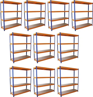 Immagine prodotto di Offerta speciale Monster Racking: 10 scaffali S-Rax per carichi pesanti, scaffali da magazzino, scaffali da garage, scaffali in acciaio, scaffali industriali, scaffali da officina, scaffali a incastro, scaffali in metallo, 100% senza viti, blu-arancione, 150 cm x 50 cm x 180 cm + martello di gomma in omaggio