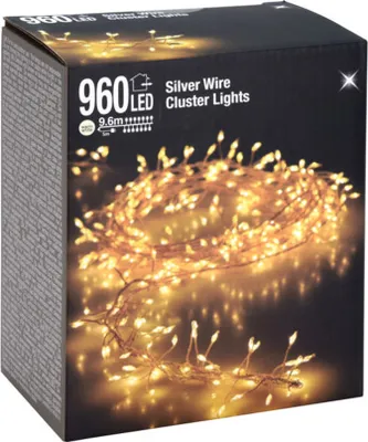 The image shows the packaging for a set of silver wire cluster lights.
