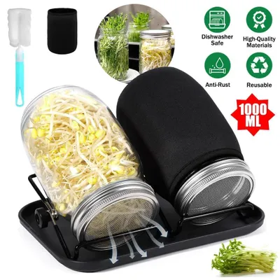 Produktbild von Sprossenglas Keimglas Anzucht Set 1000ml Samen mit Gitterdeckel Ständer & Schale