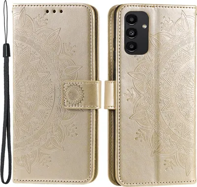 A gold flip case for a Samsung Galaxy A13 4G phone, featuring a mandala embossed design, is shown open and closed.