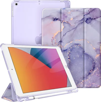 Produktbild von Fintie Hülle für iPad 9. Generation 2021/8. Gen 2020/7. Gen 2019 10.2 Zoll mit Stifthalter, ultradünne leichte Schutzhülle mit transparenter Rückseite und Auto Schlaf/Wach Funktion, Lila Marmor