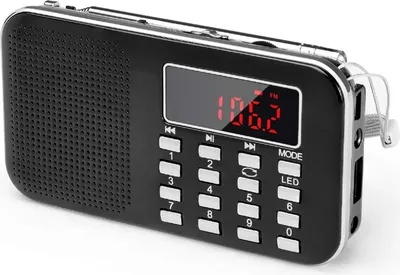 Produktbild von Mini-Taschenradio mit FM-Funktion, LED-Taschenlampe, Digitalradio-Lautsprecher, unterstützt Micro-SD-/TF-Karten/USB, automatische Sendersuche und Speicherfunktion, 600-mAh-Akku.