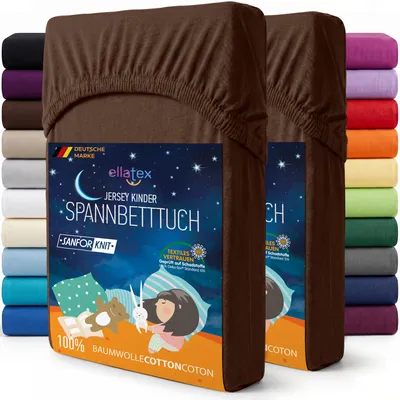 Produktbild von EllaTex 2er Pack Jersey Kinder Spannbettlaken 70x140 Baumwolle – Spannbetttücher Set für Babybett & Kinderbett, Farbe: Schokobraun
