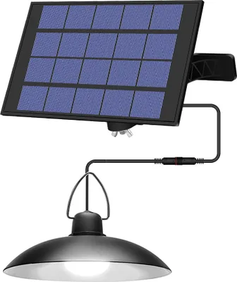 A solar-powered hanging lamp with its solar panel, shown against a white background.