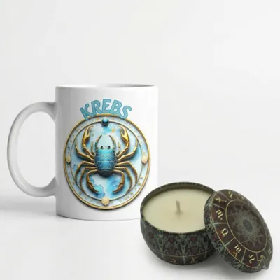 Produktbild von Sternzeichen Zodiac Kaffeetasse Teetasse Tasse 325 ml plus Sojawachs Kerze 80g - Krebs