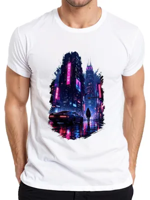Produktbild von Cyberpunk City Future Neon Auto Regen Nacht Japan Y2K Synthwave Herren T-Shirt, Weiß, XL