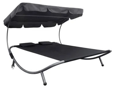 Obrázok produktu pre Dvojité ležadlo so strechou, čierne, pre 2 osoby – 199 x 174 cm – nosnosť do 260 kg; záhradné ležadlo XXL s nastaviteľnou strechou