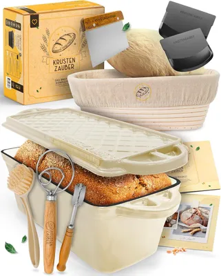 Produktbild von KRUSTENZAUBER Brotbackform mit Deckel im XXL-Set für selbstgebackenes Brot - Großes Brotbackset als Geschenk mit Gärkorb, Brotbackzubehör & Anleitung