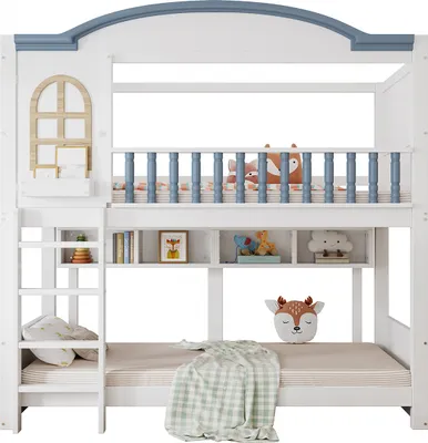 Produktbild von Etagenbett mit Fallschutz und Gitter Dach und Fenster Vierstufiger Leiter Kinderbett Hausbett Jugendbett 90x200cm Weiß+Blau