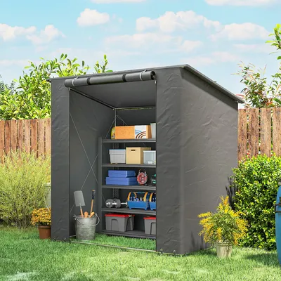 Produktbild von Zeltgarage PE-Gewebe UV30+ Fahrradunterstand, Garagenzelt Pultdach aufrollbare Tür, Dunkelgrau | 187 x 120 x 204 cm | 160 g/m² | galvanisierter Stahl