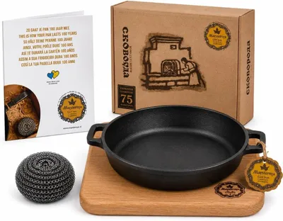 Produktbild von Servierpfanne 20 cm, schwarz, mit Holzständer, für Grill