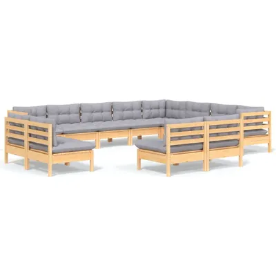 Produktbild von vidaXL 12-tlg. Garten-Lounge-Set mit Grauen Kissen Massivholz Kiefer