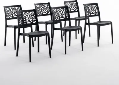 Image de lot de 6 chaises empilables en polypropylène avec fibre de verre pour l'extérieur et le jardin, bar et restaurant, cuisine design moderne - FLORA - Noir