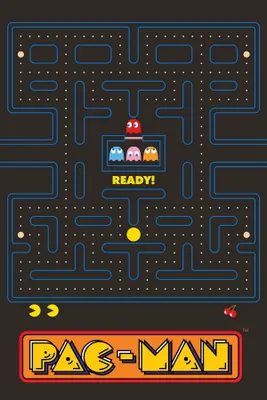 A Pac-Man game board with ghosts and the text 'READY!' displayed.