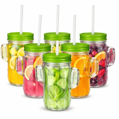 Produktbild von 6er Set Trinkgläser mit Deckel Henkel & Mehrweg Strohhalm Kaktus Gläser 450ml