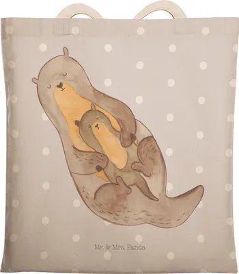 Produktbild von Mr. & Mrs. Panda Stofftragetasche Otter Kind - Grau Pastell - Geschenk, Stoffbeutel, Geburt, Tasche, Shoppingbag, shopping bag, Mama, Familie, Tote, Baby, Seeotter