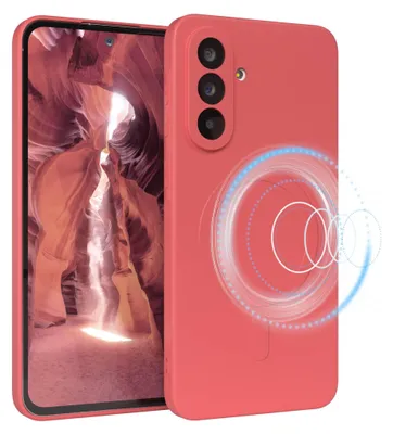 A red smartphone case with a magnetic charging ring is shown next to a smartphone displaying a canyon landscape.