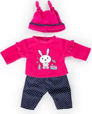 Produktbild von Bayer Design Puppenkleidung 83879AA, Kleider für Puppen bis 38 cm, Babypuppen Anziehsachen, 3 Teile, pink, Hasenmotiv