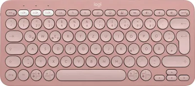 A top-down view of a pink Logitech K380s wireless Bluetooth keyboard.