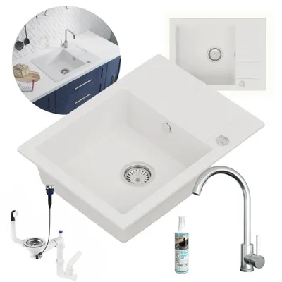 Produktbild von GranMaster Granitspüle Weiß Set mit Stahlbatterie mit U-förmigem Auslauf, Professionelles Imprägniermittel und Platzsparender Siphon mit Überlauf
