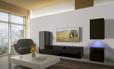 Produktbild von Furnitech Wohnwand Wohnzimmer - Wohnzimmer Möbel mit LED Weiß - Hängend Wohnwand Modern - Regale und TV Schrank (AN16-18B-HG1 1A)