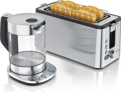 Produktbild von Arendo Frühstücks-Set Edelstahl, Wasserkocher Glas mit Temperatureinstellung 1,5l, 4 Scheiben Langschlitztoaster, 4 Scheiben Toaster, Brötchenaufsatz, silber