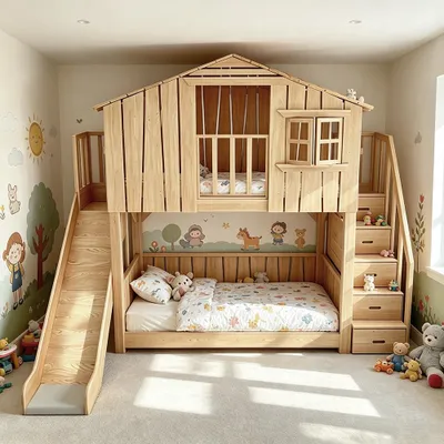 Produktbild von Hausbett Hochbett Spielbett Etagenbett Kinderbett 1500x2000mm Rutschen+Stufen mit Stauraum Birkenholz farbe /SW-150/