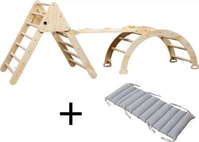 Obrázok produktu pre Buxibo XXL Preliezačka - Skladací trojuholník + lezecký oblúk s vankúšom + šmýkačka - Montessori drevené ihrisko - prírodné - 210x83x81cm