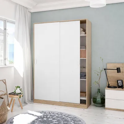 Produktbild von Kleiderschrank 2 Türen - Schlafzimmer Schrank Eiche Braun 50x200h cm