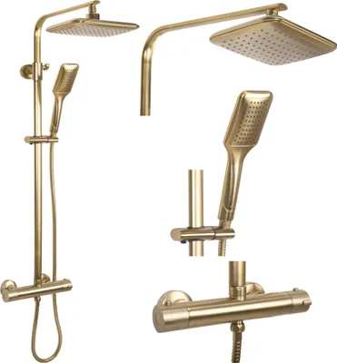 A set of gold-colored shower fixtures, including a rainfall showerhead, a handheld showerhead, and a thermostatic mixer valve, displayed against a white background.