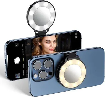 Zdjęcie produktu dla Lampa pierścieniowa z lustrem do selfie – ładowarka do telefonów komórkowych – 3 poziomy jasności – odchylana o 180° – transmisja na żywo z selfie – wideokonferencje