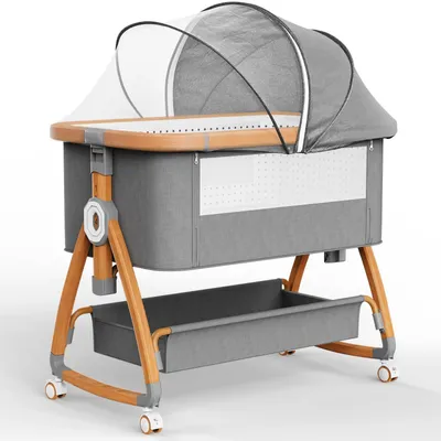 Obrázek produktu pro Dětská postýlka 3-v-1 - Co-Sleeper - Nastavitelná - Kolébka se 4 blokovatelnými kolečky - Včetně matrace