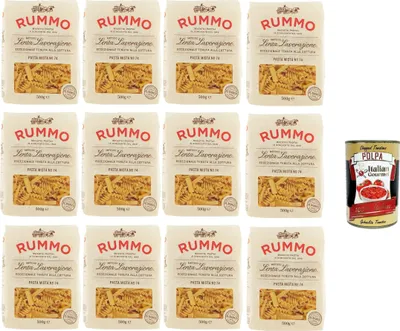 Produktbild von Rummo Pasta Mista No.74 12x500g | Hartweizengrieß, al bronzo – langsam getrocknet, vielseitige Kurzpasta, extra bissfest – Vorratspack Premium + Italian Gourmet polpa