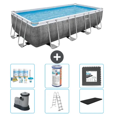 Produktbild von Bestway rechteckiges Power Steel-Schwimmbecken – Rattan-Druck – 549 x 274 x 122 – inklusive Pumpe – Leiter – Abdeckung Wartungspaket - Filter - Bodenfliesen