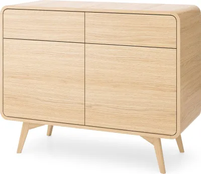 A light wood sideboard with rounded edges and four doors, shown from a front-diagonal angle on a white background.