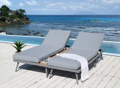 Produktbild von ALEOS. Doppelliege Flexible Lounge aus Aluminium mit Massiv Holz Teak Multifunktionslounge Lounge-Set Loungegarnitur Sitzgruppe Doppelliege Sofagarnitur Barbados grau anthrazit Spunpoly Kissen