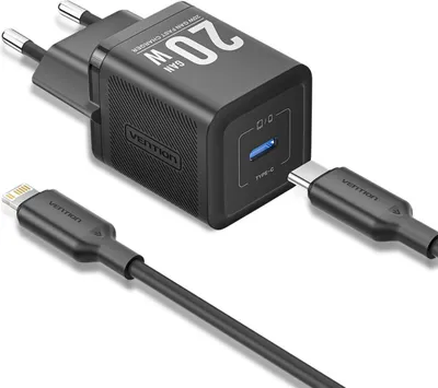 Produktbild von Vention 1-Port USB-C GaN Ladegerät (20W) mit USB-C zu Lightning Kabel (1M) EU-Stecker Schwarz