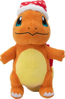 A plush toy of the Pokémon Charmander wearing a Santa hat.