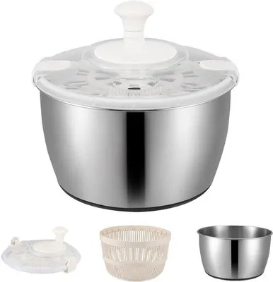 Produktbild von Unyqoos® Salatschleuder aus Edelstahl 304 – 4,8 l Salat‑Zentrifuge, große Kapazität, innovative Drehsteuerung mit Stoppknopf, rutschfester Boden, spülmaschinenfester Deckel