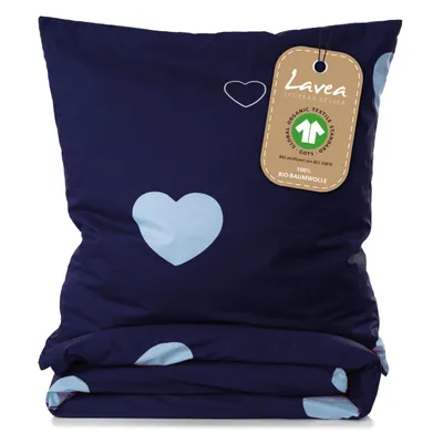 Produktbild von Lavea Emilio Kinder Bettwäsche Set 100x135 cm + 40x60 cm - Baumwolle, Herzmotiv, Reißverschluss, Blau Hellblau