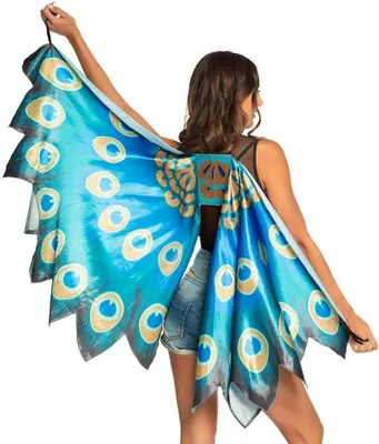 Productafbeelding van Veren Vleugels - Kostuum Accessoire - Feestelijke Aankleding - Draagbaar als Rugzak - 155 x 115 cm - Blauw Turquoise Goud